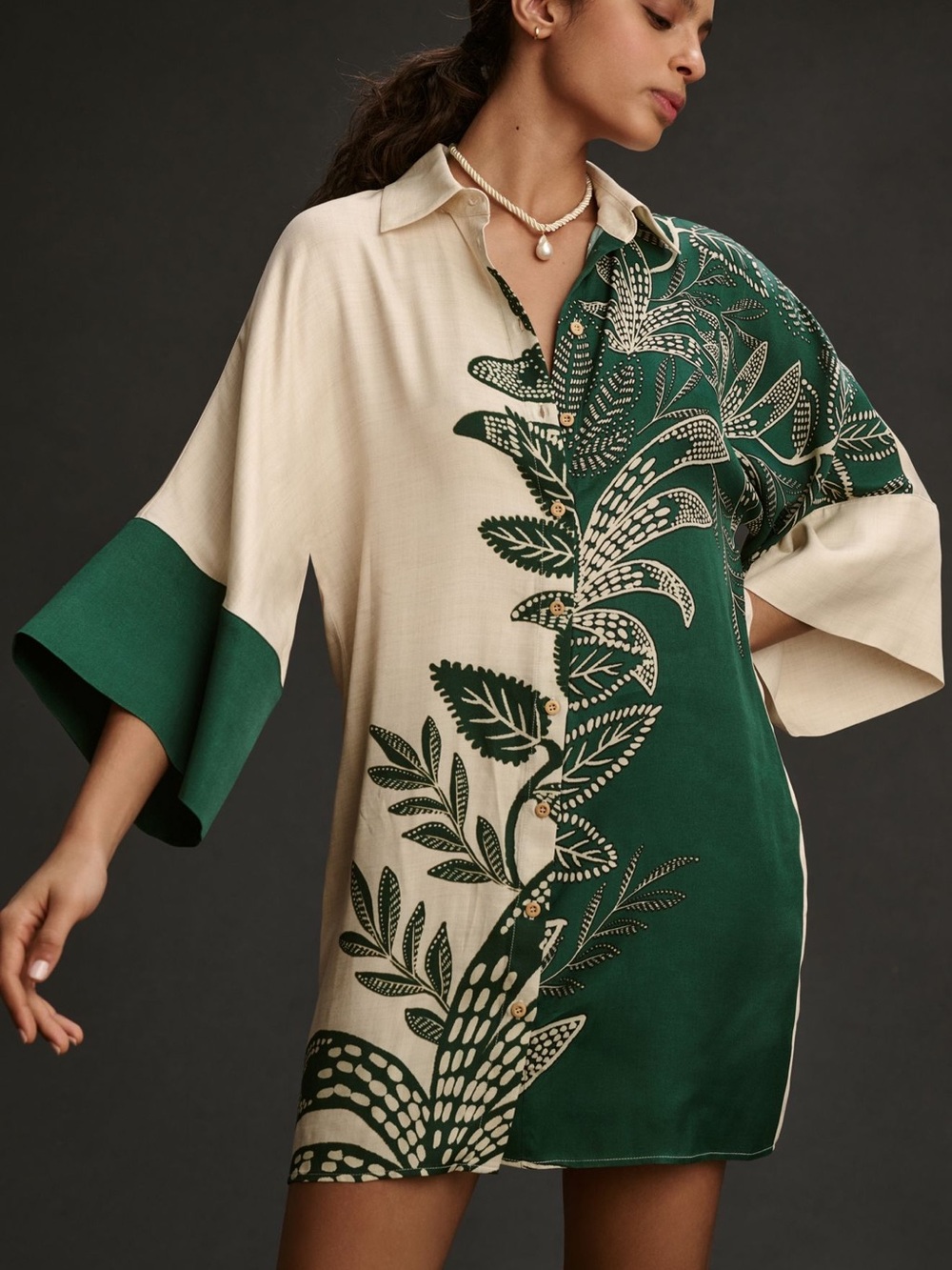 FARM Rio Green and Cream Botanical Shirt Dress
